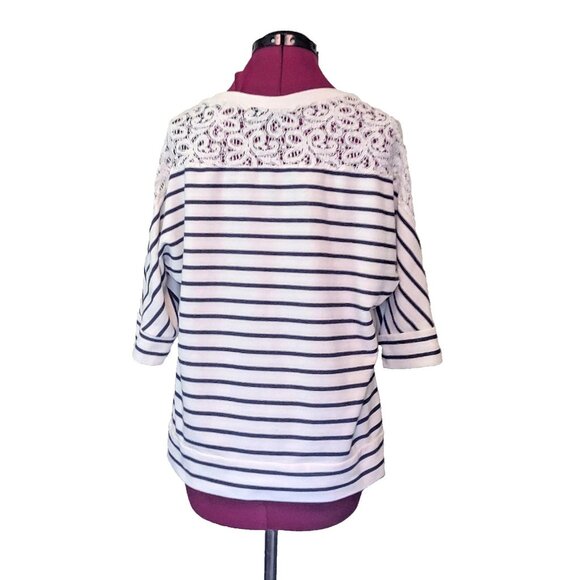 a.n.a Knit Top Multicolor Womens Size Large Striped Lace Short Sleeves - Picture 2 of 7